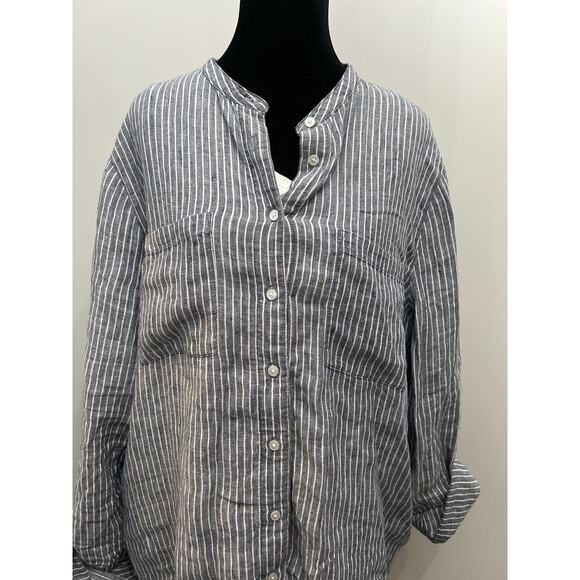Lands’ End Linen Blend Shirt Popover Striped Band Collar Top - Picture 5 of 5